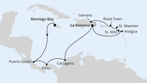 Montego Bay/Jamaika - Puerto Limon - Colon - Cartagena/Kolumbien - La Romana/Dom. Republik - St.Johns - Basseterre - Philipsburg - Roadtown - Samana - La Romana/Dom. Republik