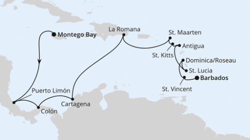 Montego Bay/Jamaika - Puerto Limon - Colon - Cartagena/Kolumbien - La Romana/Dom. Republik - Philipsburg - Basseterre - St.Johns - Castries - Rouseau - Kingstown - Bridgetown/Barbados