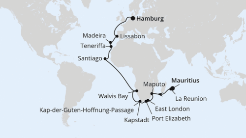 Port Louis - Port Louis - Le Port - Maputo - East London - Port Elizabeth - Port Elizabeth - Kapstadt - Kap-Der-Guten-Hoffnung-Pass - Walvis Bay - Äquatorüberquerung - Santiago/Praia (Kapverden) - Santa Cruz De Tenerife - Funchal/Madeira - Lissabon - Hamb