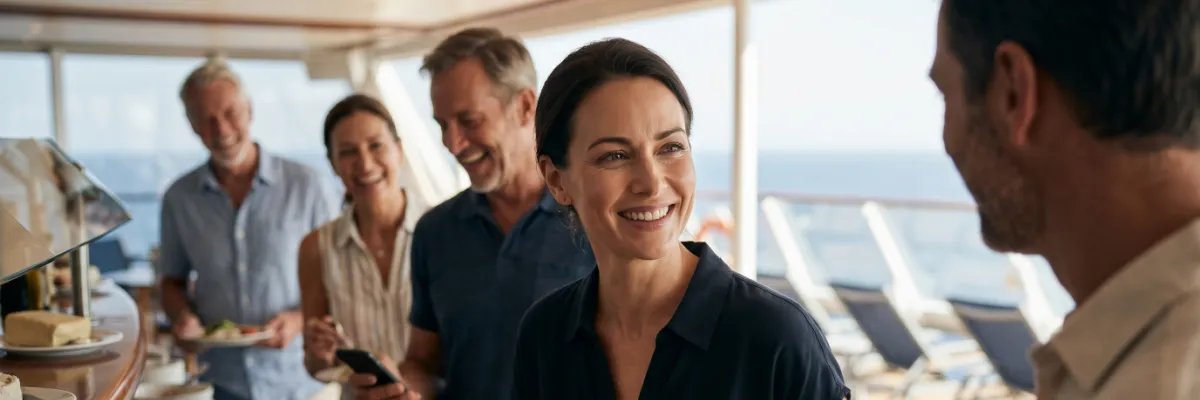 Kreuzfahrtgäste stehen zusammen an einem Buffet und reden sichtlich freundlich miteinander.