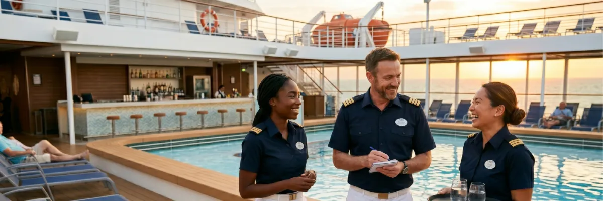 Drei Crewmitglieder auf einem Kreuzfahrtschiff, die freudig miteinander reden.