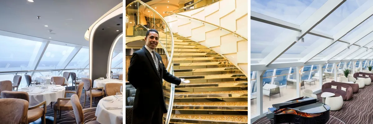 Persönlicher Service & exklusive Bereiche: Genießen Sie den Sommer 2028 in der Karibik mit den Privilegien des MSC Yacht Clubs 3-teiliges Bild mit den Vorzügen des MSC Yacht Clubs: links Blick in das exklusive MSC Yacht Club Restaurant auf MSC World America. Mitte: ein Butler vor der Svarovski-Treppe. Rechts: Blick in die Top Sail Lounge von MSC World America.
