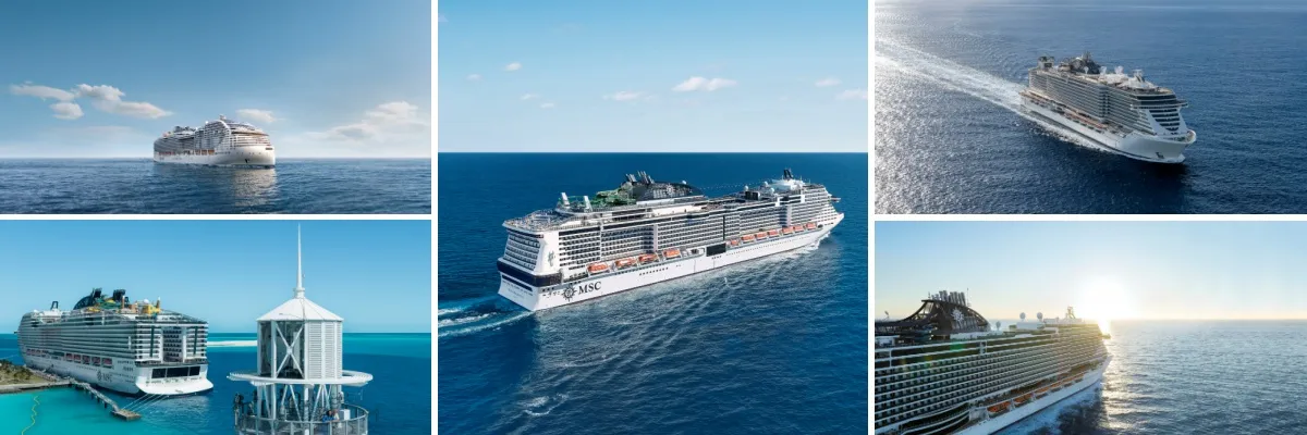 Im Sommer 2028 für Sie in der Karibik: MSC World Atlantic, MSC World America, MSC Grandiosa, MSC Seaside, MSC Seascape 5-teiliges Bild mit den Karibikschiffen im Sommer 2028: links oben MSC World Atlantik, darunter MSC World America. In der Mitte MSC Grandiosa. Rechts oben MSC Seaside, darunter MSC Seascape.
