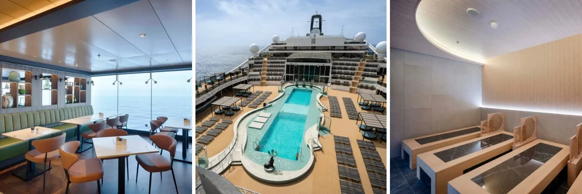 MSC Erlebniswelten in der Karibik 3-teiliges Bild: Leistungen der MSC Erlebniswelten. Links Blick ins Il Mercato Buffetrestaurant, Mitte: Poolbereich Mar Azul, Rechts: Thermalbereich für Gäste der AUREA (& Yacht Club) Erlebniswelt. Alle Bereiche befinden sich auf der MSC World America.