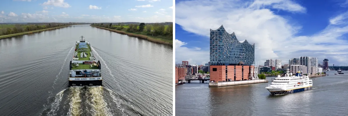 Zwei-geteilstes Bild: links die Sans Souci in der nähe von Rendsburg von Hinten, recht die MS Hamburg neben der Elbphilharmonie.