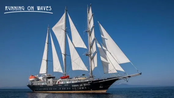 Das Segelschiff Running on Waves mit strahlend weißen Segeln gleitet majestätisch über das Meer.