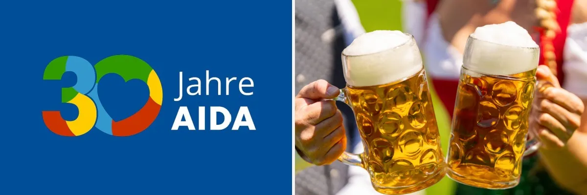 2-teiliges Bild: Links das Logo zu "30 Jahre AIDA", rechts: Ein Mann und eine Frau im Dirndl stoßen mit Maßkrügen an.
