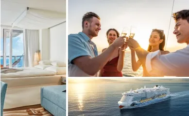 3-teiliges Bild: Links Blick in eine Verandakabine Comfort auf AIDAnova, rechts oben eine Gruppe von 2 Frauen und 2 Männern stößt an Bord eines Kreuzfahrtschiffes mit einem Glas Sekt an, rechts unten AIDAcosma auf See.