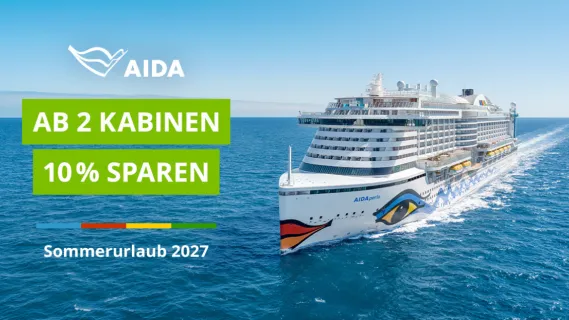 10% Rabatt auf Mehrkabinen-Buchungen bei AIDA: Perfekt für Freunde & Familie Frontansicht von AIDAperla auf dem Meer. Links weiße Schrift auf hellgrünen Buttons "Ab 2 Kabinen 10% sparen" und Sommerurlaub 2027.