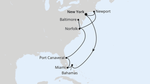 New York City - New York City - Freeport - Miami - Miami - Port Canaveral - Port Canaveral - Norfolk - Baltimore - Newport - New York City