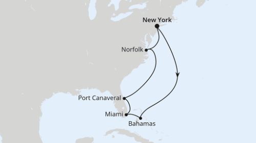 New York City - New York City - Nassau - Miami - Port Canaveral - Port Canaveral - Norfolk - New York City - New York City