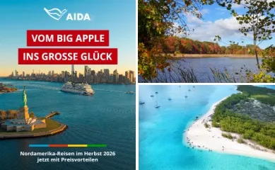 3-teiliges-Bild: links Banner der Aktion mit AIDAdiva im Hafen von New York & Aufschrift Vom Big Apple ins große Glück Nordamerika Reisen im Herbst 2026 mit Preisvorteilen. Rechts oben: herbstliche Küstenlandschaft in Maine, unten Strand auf den Bahamas