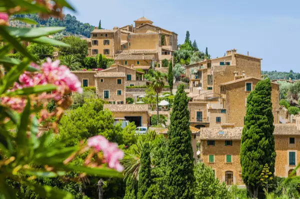 Blütenpracht im Künstlerdorf Deià auf Mallorca Rosa Blüten vor den ockerfarbenen Natursteinhäusern im Künstlerdorf Deià am Hang des Puig des Teix.