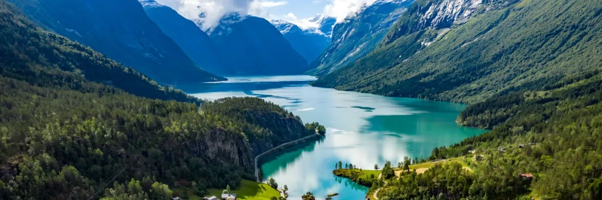 Malerische Landschaft des Geirangerfjords mit Wäldern, Felsmassiven und kristallklarem Wasser