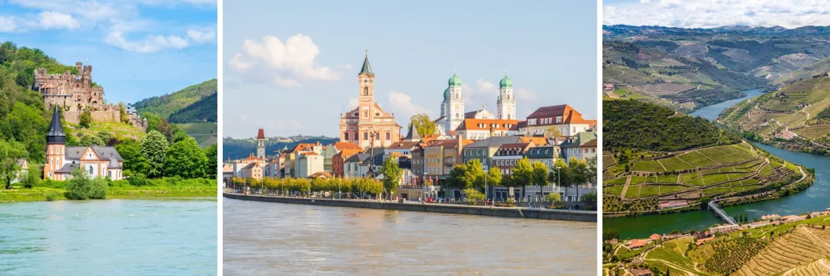 Die Reiseziele von GTA TOURISTIK 3-teiliges Bild: links die Burg Reichenstein in der Nähe von Trechtingshausen am Rhein, in der Mitte die Altstadt von Passau an der Donau und rechts ein Ausschnitt des Douro-Tals.