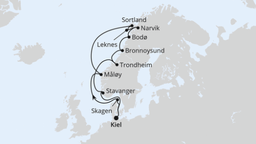 Norwegen mit Lofoten & Vesterålen ab Kiel Kiel - Skagen - Maloy - Sortland - Leknes - Narvik - Bodo - Bronnoysund - Trondheim - Stavanger - Kiel