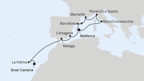 Palma - Barcelona - Barcelona - Marseille - Florenz/La Spezia - Rom/Civitavecchia - Palma - Cartagena - Malaga - Santa Cruz/La Palma - Las Palmas/Gran Canaria