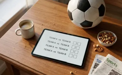 Tablet mit Tippschein, Fußball und Kaffee auf Holztisch zum WM-Tippspiel 2026 von Ahoi-Schiff.