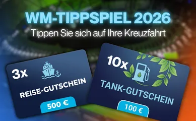 WM-Tippspiel 2026 von Ahoi-Schiff: Tippt euch auf eure Kreuzfahrt, 3 Reise- und 10 Tank-Gutscheine zu gewinnen.
