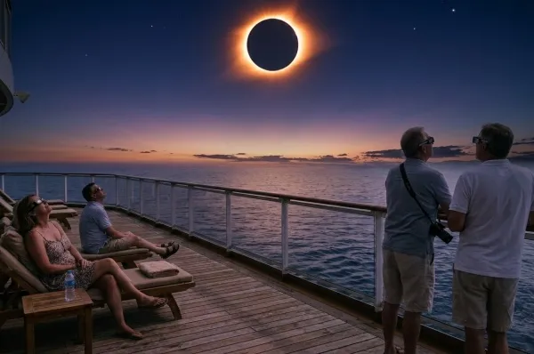 Gäste beobachten die Sonnenfinsternis 2027 an Deck Kreuzfahrtgäste mit Sonnenfinsternisbrillen an Deck beobachten die partielle Sonnenfinsternis 2027 auf See.