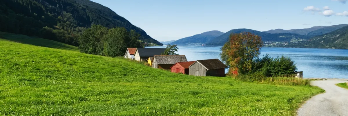 Last Minute in den Norden mit MSC Malerische Landschaft mit Holzhäusern auf einer Wiese bei Nordfjordeid