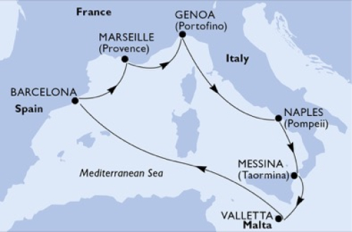 Barcelona - Marseille - Genua - Neapel - Messina - Valletta - Barcelona