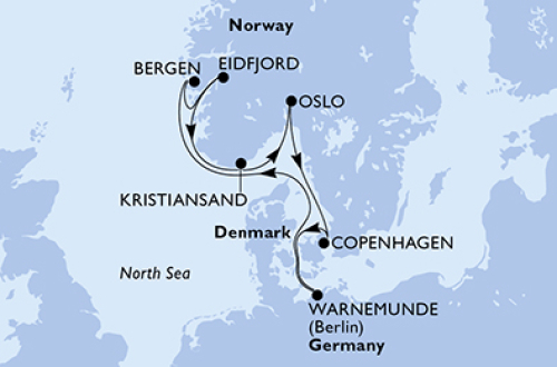 Warnemünde - Bergen - Eidfjord - Kristiansand - Oslo - Kopenhagen - Warnemünde