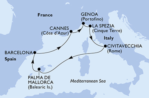 Barcelona - Cannes - Genua - Florenz/La Spezia - Civitavecchia (Rom) - Palma de Mallorca - Barcelona