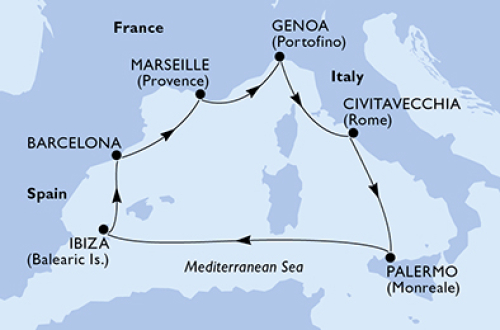 Marseille - Genua - Civitavecchia (Rom) - Sizilien/Palermo - Ibiza - Barcelona - Marseille
