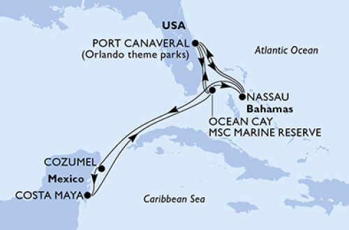 Port Canaveral - Nassau - Cozumel - Costa Maya - Ocean Cay - MSC Marine Reserve - Port Canaveral - Ocean Cay - MSC Marine Reserve - Nassau