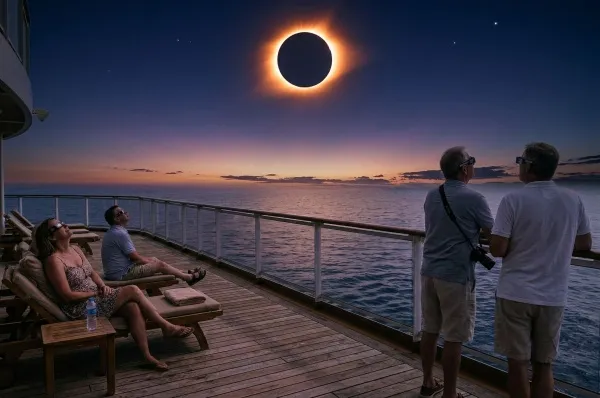 Gäste mit Schutzbrillen beobachten die spektakuläre totale Sonnenfinsternis am Himmel über dem Meer vom Deck eines Kussmundschiffs aus.