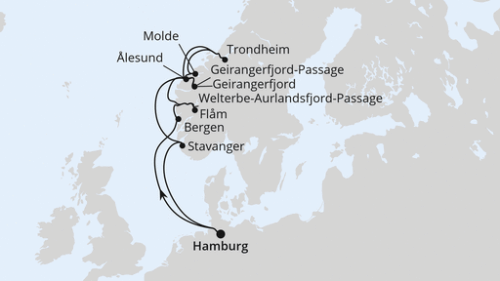 Hamburg - Bergen - Flam - Welterbe-Aurlandsfjord-Passa - Alesund - Molde - Trondheim - Geirangerfjord - Welterbe-Geirangerfjord-Pass - Stavanger - Hamburg