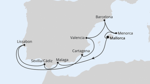 Palma - Malaga - Sevilla/Cadiz - Lissabon - Lissabon - Cartagena - Valencia - Barcelona - Mahon/Menorca - Palma