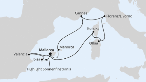 Palma - Ibiza - Valencia - Palma - Highlight Sonnenfinsternis - Ajaccio/Korsika - Olbia/Sardinien - Florenz/Livorno - Cannes - Mahon/Menorca - Palma