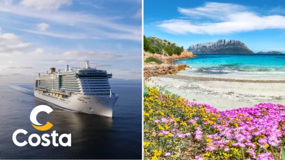 2-teiliges Bild: Links Frontansicht von Costa Toscana auf dem Meer mit dem Costa Logo in weiß und gelb in der linken unteren Ecke. Rechts Mittelmeerküste bei Olbia auf Sardinien mit rosa Blüten im Vordergrund.