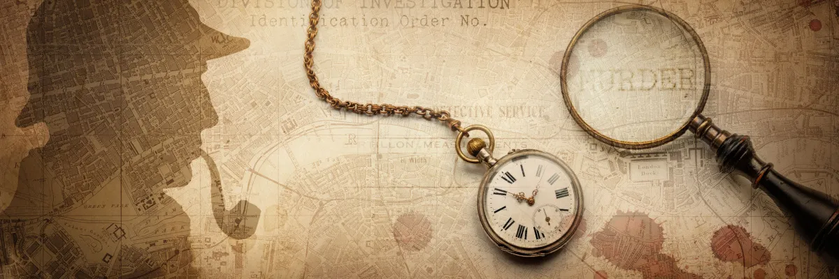Auf Spurensuche im winterlichen London während AIDA Crime & Sea 2027 Eine historische London-Stadtkarte im Vintage-Stil mit der Silhouette von Sherlock Holmes, einer alten Taschenuhr und einer Lupe, die das Wort „MURDER“ vergrößert.