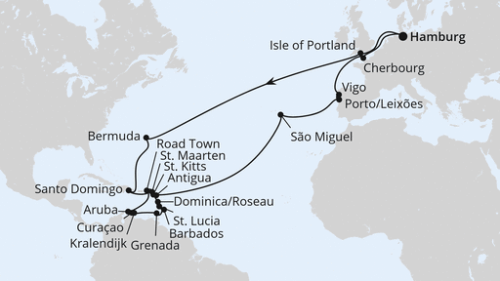 Große Winterpause Karibik mit Bermuda Hamburg - Portland - Uk - Hamilton - Hamilton - Santo Domingo/Dom. Republik - Philipsburg - Rouseau - Castries - Bridgetown/Barbados - St.George's - Willemstad - Kralendijk - Oranjestad - Roadtown - St.Johns - Basseterre - Ponta Delgada - Porto/Leixo