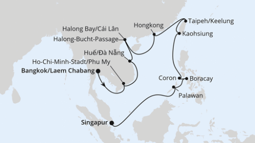 Vietnam, Philippinen, Taiwan & Hongkong Bangkok/Laem Chabang - Bangkok/Laem Chabang - Phu My - Hue / Da Nang - Hue / Da Nang - Halong-Bucht-Passage - Halong-Bucht/Cái LÂN - Halong-Bucht/Cái LÂN - Hongkong - Taipeh / Keelung - Kaohsiung - Coron - Boracay - Puerto Princesa - Palawan - Singapur -