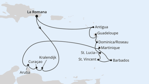 Karibische Inseln ab Dominikanische Republik La Romana/Dom. Republik - Kralendijk - Willemstad - Oranjestad - Fort De France - Bridgetown/Barbados - Kingstown - Castries - Rouseau - Pointe A Pitre - St.Johns - La Romana/Dom. Republik