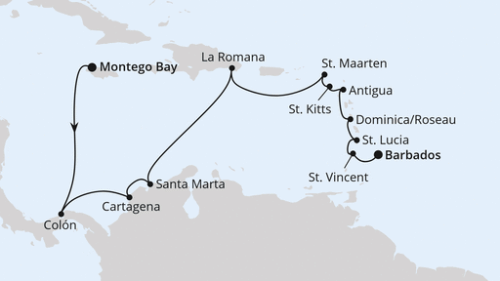 Mittelamerika & Karibik ab Jamaika Montego Bay/Jamaika - Colon - Cartagena/Kolumbien - Santa Marta - La Romana/Dom. Republik - Philipsburg - Basseterre - St.Johns - Rouseau - Castries - Kingstown - Bridgetown/Barbados