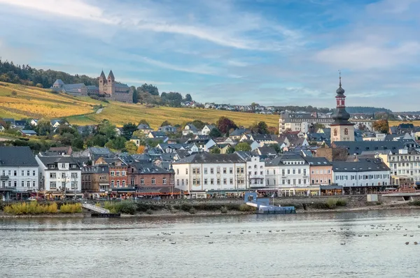 Rüdesheim am Rhein mit den Weinbergen des Rheingaus, ein Anlaufhafen der MS Antonio Bellucci.