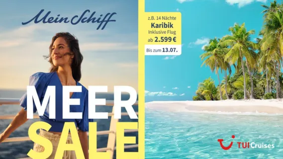 Offizielle TUI Cruises Aktionskarte zum Mein Schiff MEER SALE mit einer lächelnden Frau an Deck und einem karibischen Traumstrand.