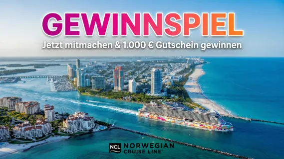 NCL Gewinnspiel: Jetzt 1.000 € Reisegutschein sichern! Luftaufnahme von Miami Beach mit einem auslaufenden Norwegian Cruise Line Kreuzfahrtschiff der Lifestyle-Flotte und der Einblendung zum 1.000 Euro Gewinnspiel von ahoi-schiff.de.
