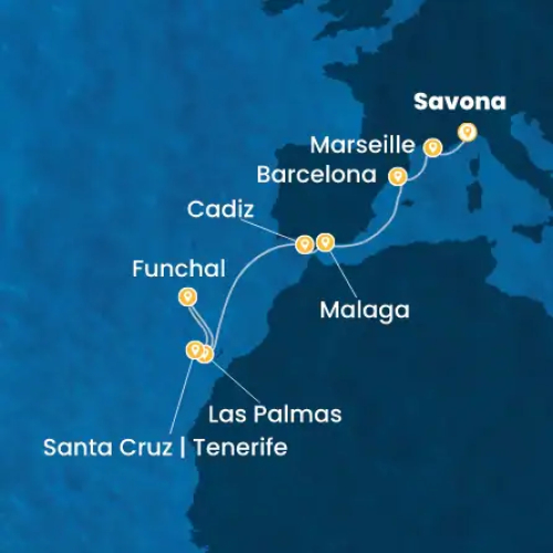 Savona (Italien) - Marseille (Frankreich) - Barcelona (Spanien) - Malaga (Spanien) - Cadiz (Spanien) - Las Palmas/ Gran Canaria - Funchal (Portugal) - St. Cruz de Tenerife (Spanien)