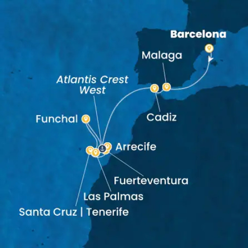 Barcelona (Spanien) - Malaga (Spanien) - Cadiz (Spanien) - Las Palmas/ Gran Canaria - Funchal (Portugal) - St. Cruz de Tenerife (Spanien) - St. Cruz de Tenerife (Spanien) - Fuerteventura (Kanarische Inseln) - Arrecife (Lanzarote) - Atlantis Crest West - L