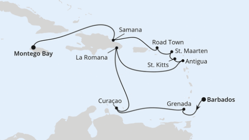 Karibische Inseln ab Barbados Bridgetown/Barbados - St.George's - Willemstad - Willemstad - Willemstad - La Romana/Dom. Republik - St.Johns - Basseterre - Philipsburg - Roadtown - Samana - Montego Bay/Jamaika