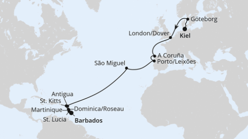 Von Kiel nach Barbados Kiel - Göteborg - Dover/London - La Coruna - Porto/Leixoes - Ponta Delgada - St.Johns - Basseterre - Rouseau - Fort De France - Castries - Bridgetown/Barbados