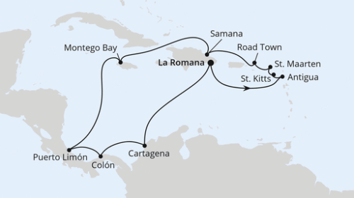 Karibik & Mittelamerika ab Dominikanische Republik La Romana/Dom. Republik - St.Johns - Basseterre - Philipsburg - Roadtown - Samana - Montego Bay/Jamaika - Puerto Limon - Colon - Cartagena/Kolumbien - La Romana/Dom. Republik