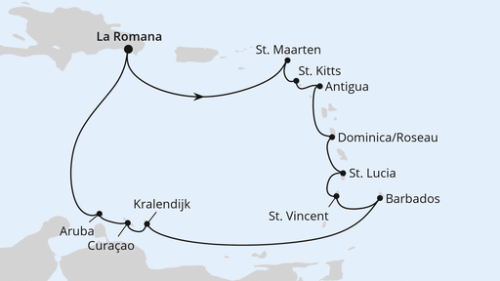 Karibische Inseln ab Dominikanische Republik 1 La Romana/Dom. Republik - Philipsburg - Basseterre - St.Johns - Rouseau - Castries - Kingstown - Bridgetown/Barbados - Kralendijk - Willemstad - Oranjestad - La Romana/Dom. Republik