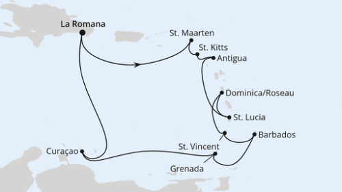 Karibische Inseln ab Dominikanische Republik 1 La Romana/Dom. Republik - Philipsburg - Basseterre - St.Johns - Castries - Rouseau - Kingstown - Bridgetown/Barbados - St.George's - Willemstad - Willemstad - Willemstad - La Romana/Dom. Republik